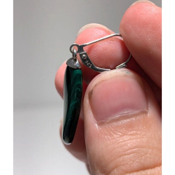Sterling Silver 925 Polished Green Malachite Dangle Earrings Modern - Picture 5 of 6